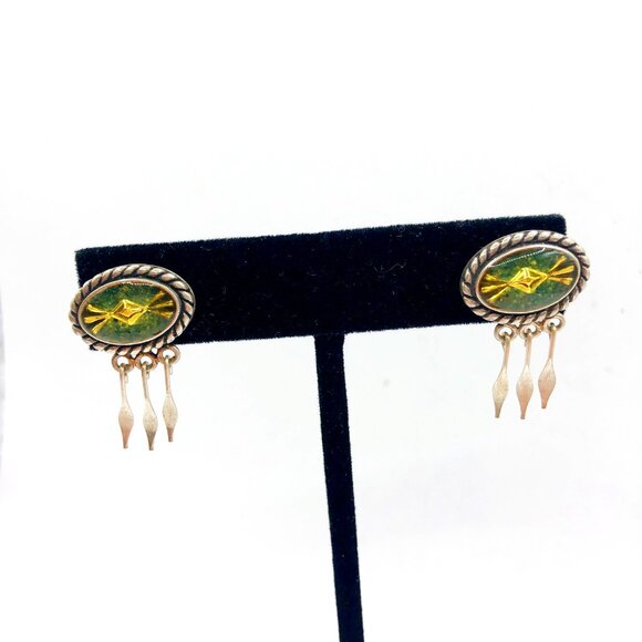 Relios Southwest Sterling Silver Green Yellow Inlay Tassel Pierced Earrings - Picture 2 of 12